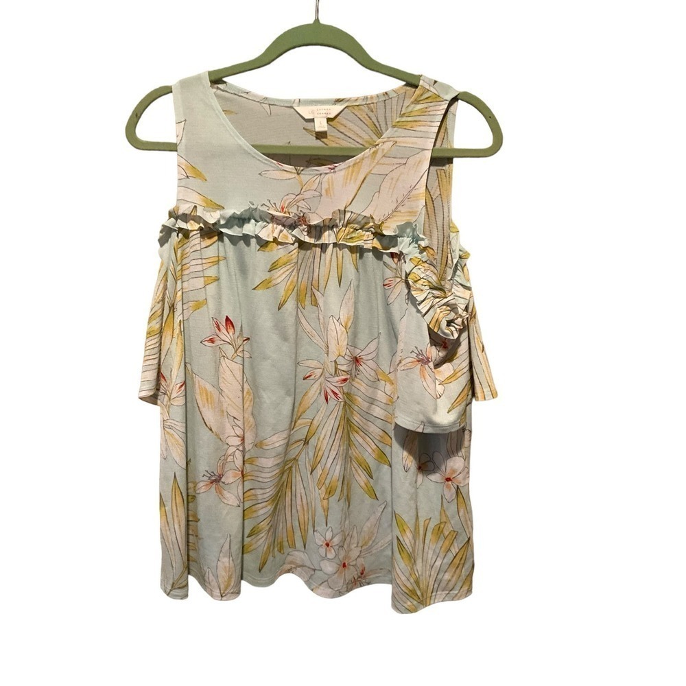 LC Lauren Conrad Cold Shoulder‎ Top Women's Large Blue Floral Polyester Stretch